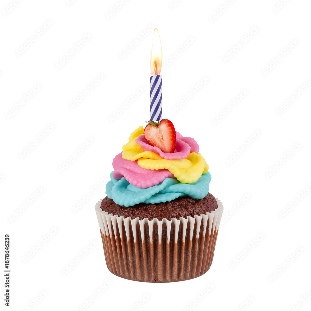 Obraz premium Bright Cupcake With a Candle on Top for Celebration at a Birthday Party
