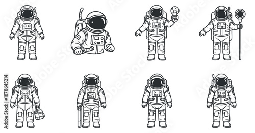 A collection of eight astronaut characters in black and white line art style, ideal for space-themed designs and educational materials