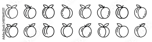Set of 16  peach fruit outline food icons related. Editable stroke icons collection
