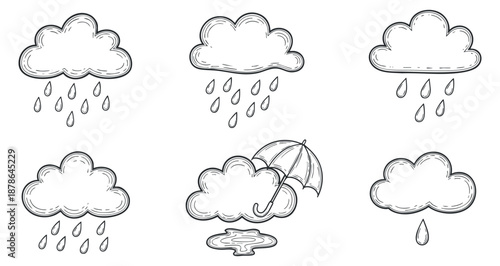 A collection of cloud and rain icons in outline vector style, suitable for weather-related designs and illustrations