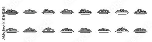 Set of 16  pasta plate outline food icons related. Editable stroke icons collection