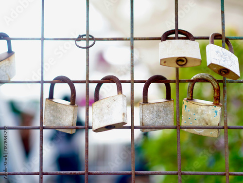 Weathered Padlocks on Fence as Security Symbol. Close-up shot of aged padlocks on a metal fence, conveying protection, privacy, and safety concepts with copy space