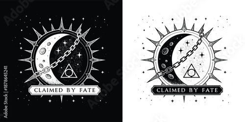 Mystical celestial illustration featuring a chained yin yang moon design surrounded by sharp sun rays and the phrase claimed by fate