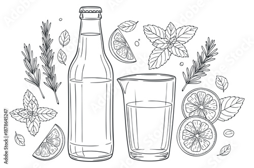 A glass of refreshing drink beside a bottle, garnished with mint leaves and lime slices in outline minimalist vector style, perfect for beverage branding and menu design