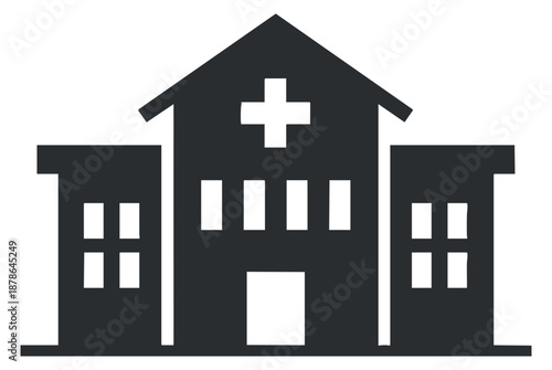A hospital building with a cross symbol in flat black vector style, suitable for healthcare and medical design projects