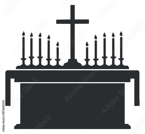 An altar with a cross and candles in black minimalist vector style, suitable for religious and spiritual illustrations