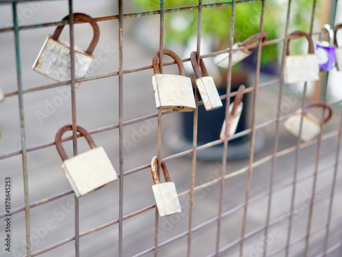 Old Padlocks on Iron Fence with Blurred Background. Weathered padlocks hanging on an iron fence representing safety, boundaries, and protection in an outdoor urban environment