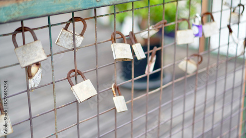 Rusty Padlocks Hanging on Metal Fence. Close-up of rusty padlocks attached to a metal fence, symbolizing security, protection, restriction, and urban barriers with shallow depth of field