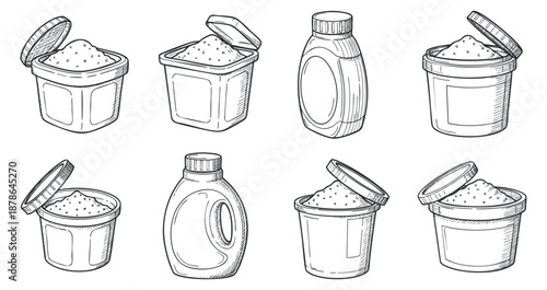 A collection of various food containers including jars and bottles in detailed outline sketch vector style, suitable for culinary designs