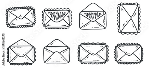 A collection of eight hand-drawn envelopes in a sketchy black and white outline style, perfect for communication-themed design projects