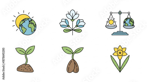 Sprouting Seedling Growth Stages with Earth and Sun Symbolizing Environmental Balance