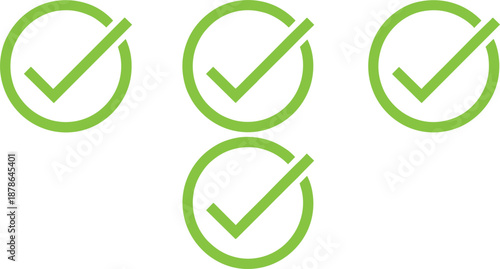 Set of green check mark icons in circles isolated on white background for success, approval, task completion, and correct choice symbols.