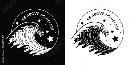 Striking black and white graphic design featuring a stylized ocean wave and celestial stars encircled by mystical inscription