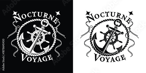 Nautical emblem featuring a ship's anchor and wheel encircled by rope with elegant cursive text announcing a voyage