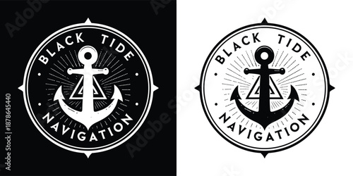 Nautical black and white circular logo design prominently featuring an anchor with radiating lines and the words black tide navigation.