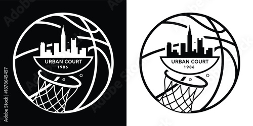 Black and white logo design featuring a basketball rim cityscape and text commemorating urban court heritage from 1986