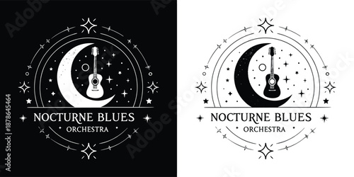 Celestial guitar logo design featuring a crescent moon surrounded by stars perfect for a blues music orchestra brand identity
