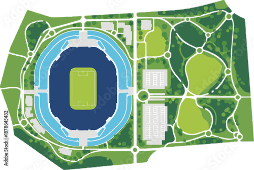 Modern stadium complex plan featuring sports arena parkland and urban infrastructure layout