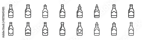 Set of 16  sauce bottle outline food icons related. Editable stroke icons collection