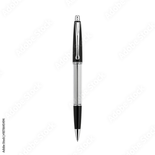 Black and Silver Pen Resting Upright on a Plain Surface With Clear Background...