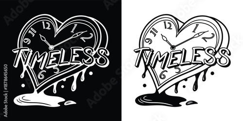 Drip heart clock with timeless lettering design presented in black and white vector art style