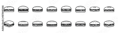 Set of 16  sub sandwich outline food icons related. Editable stroke icons collection