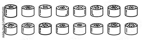 Set of 16  sushi roll outline food icons related. Editable stroke icons collection