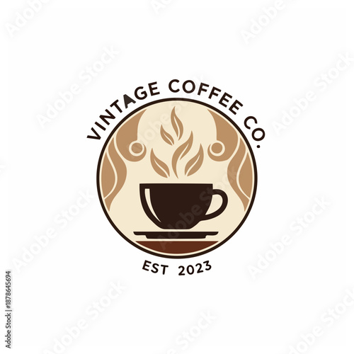 Vintage Coffee Co. logo featuring a steaming cup illustration in a circular emblem with ornate design elements and EST 2023 notation