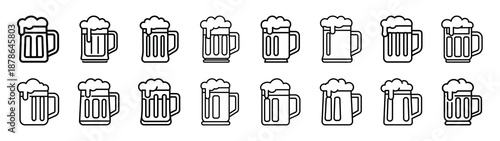 Set of 16  beer mug outline food icons related. Editable stroke icons collection