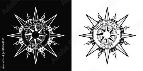 Striking black and white vector logo design featuring a compass rose motif labeled polar current society for branding.