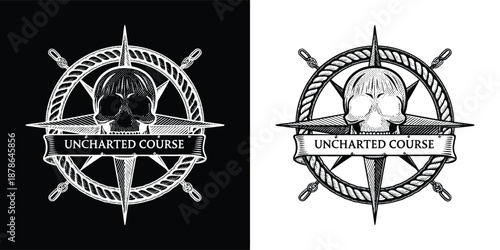 Striking skull and compass rose emblem featuring thick rope detail and banner text for adventure branding.
