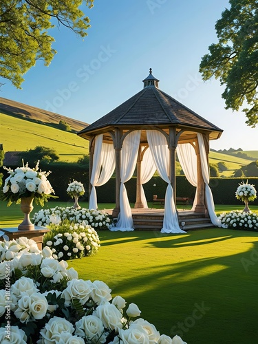 Elegant Outdoor Wedding Gazebo with White Roses in Countryside Garden