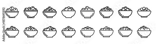 Set of 16  blueberry bowl outline food icons related. Editable stroke icons collection