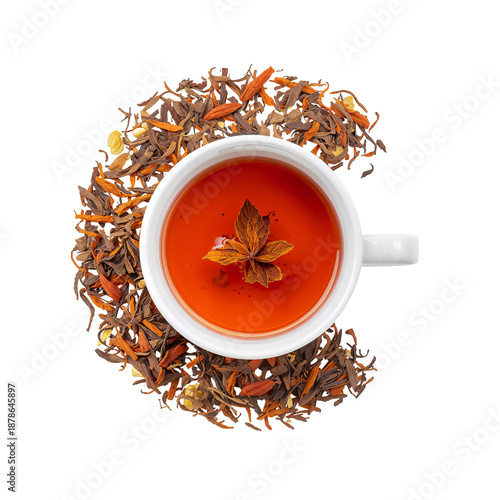 Warm Tea With Dried Herbs in Cup and Around It for Display in Kitchen or Cafe...