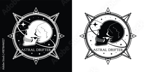 Striking skull and compass emblem featuring stellar elements and the text astral drifter displayed clearly