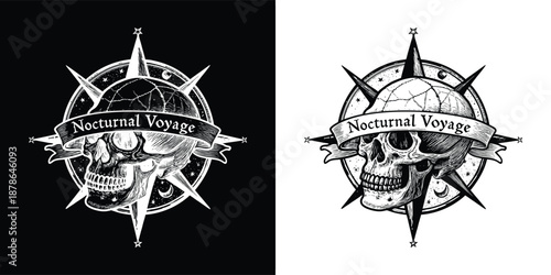 Striking black and white graphic illustration featuring a detailed human skull with a cracked globe crown and a banner proclaiming nocturnal voyage.