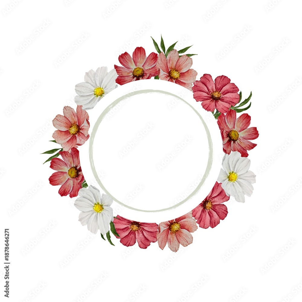 Fototapeta premium Elegant round floral frame for wedding invitations and romantic botanical design Isolated on white. Watercolor flower wreath with pink and white blossoms and leaves. 