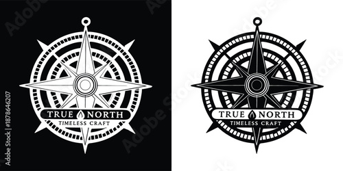 Compass rose logo design featuring the text true north timeless craft shown in contrasting black and white versions