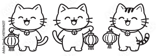 Cat  hold a lantern celebrating Chinese new year coloring pages coloring book logo icon vector illustration lunar new year 
