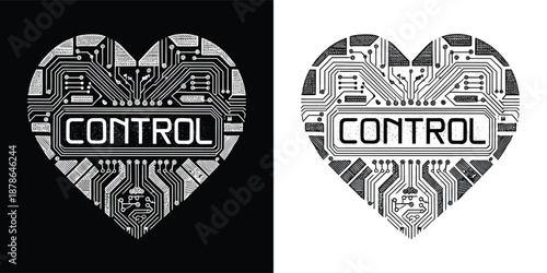 Striking graphic design pairing a heart shape with intricate circuit board elements featuring the word control displayed prominently