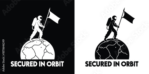 Minimalist graphic design featuring an astronaut planting a flag atop a cracked planetary surface in contrasting black and white styles