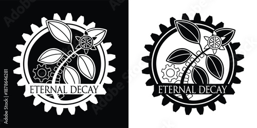 Striking black and white logo design featuring organic leaves intertwined with mechanical gears representing perpetual transformation and cycle.