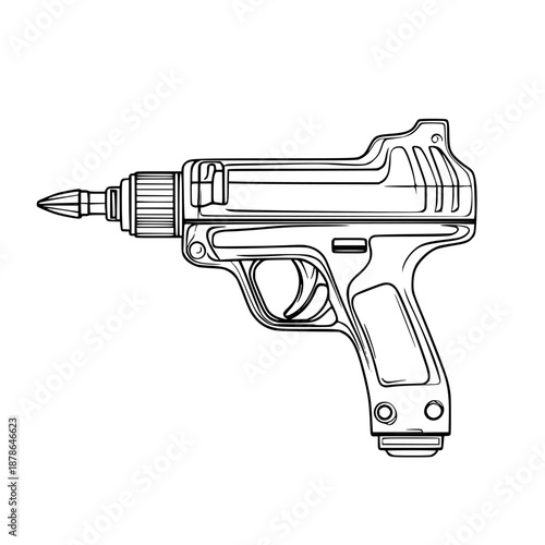 Elegant Ink Gun: Minimalist Line Art Handheld Hot Glue Gun, Clean Simple | Clean, isolated vector art for creative projects.