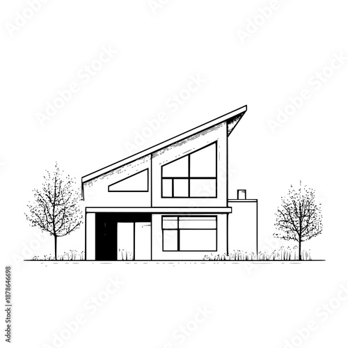 Modern Architecture: Minimalist Line Art House Sloped Roof | Clean, isolated vector art for creative projects.
