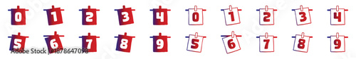 Hand Drawn Hanging Number Banners Set 0-9 in Red Blue Gradient Doodle Style.