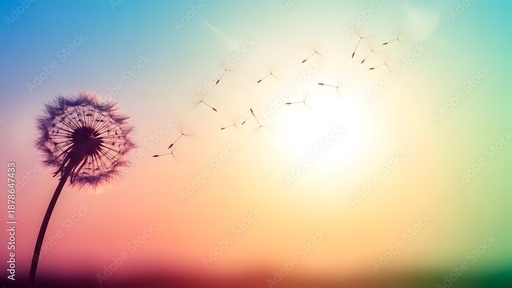 Fototapeta premium Dandelion flower releasing seeds into vibrant sunset