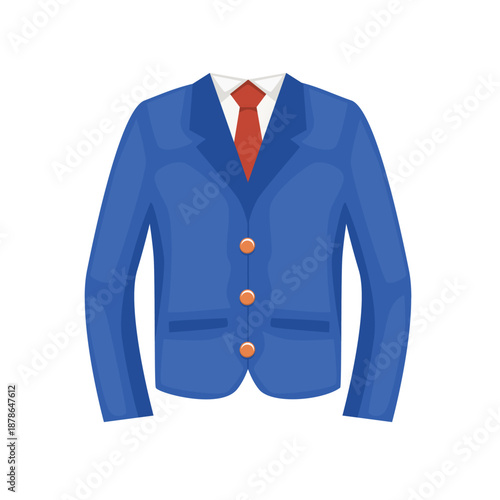 Business suit jacket formal clothing icon flat vector illustration, blue suit with tie vector image, suit clip art 
