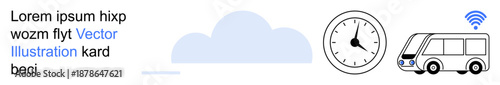 Transportation, technology, public transit, connectivity, punctuality, travel. A bus with a wireless symbol near a clock and a cloud. Transportation and connectivity concept