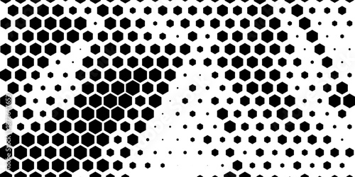Hexagon halftone gradient texture. Abstract black grunge background. Geometric retro halftone tech wallpaper. Fading wavy hexagonal pattern backdrop. Vector vanishing honeycomb grunge bitmap overlay