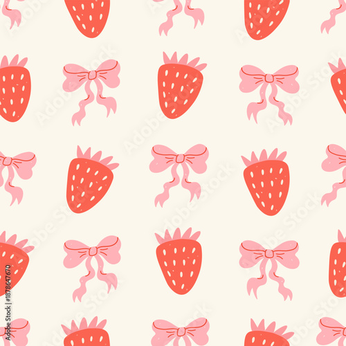 Coquette seamless pattern with hand drawn strawberry and bows. Cute spring summer girly background. Vector print  for wrapping paper, holiday decor, packaging, fabric, textile.